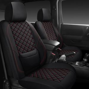 Wrangler Seat Covers 2007-2026 Full Set, Waterproof Leather Interior Sets with Lumbar Support Custom Fit for Jeep Wrangler JK JL 4 Door Unlimited Sahara/Sport/Rubicon X 392 Willys, Black Red