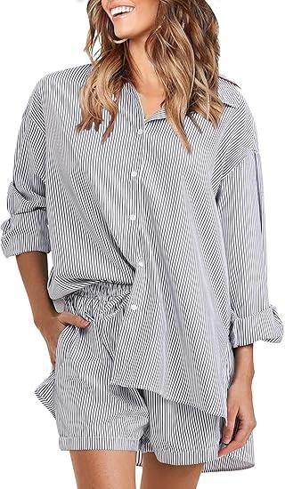 EXLURA Women's Summer 2 Piece Sets Long Sleeve Button Down Shirts Matching Short Sets Beach Vacation Cruise Outfits 2025, XS