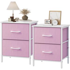 Stero Nightstand Set of 2, Kids Dresser with 2 Drawers, Steel Frame Bedside Furniture, Wood Top Fabric Night Stand, Colorful End Table for Home, Bedroom, Office, Pink