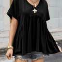 Cicy Bell Womens Summer Peplum Tops Oversized Babydoll Short Sleeve V Neck T Shirts Casual Loose Pleated Swing Blouse (Black, XXL)