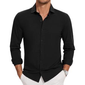 Men's Long Sleeve Button Down Shirts Wrinkle Free Business Untucked Stretch Dress Beach Casual Wedding Shirt (Black, S)
