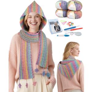 Coopay Crochet Kit for Beginners, Crochet Kits for Adults - 4 Basic Stitches to Complete Hooded Scarf, Perfect for Crocheting Hooded Scarf with Step-by-Step Instructions & 5 Yarns (Rainbow)