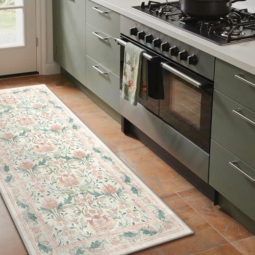 Bavni 2'6''x6 Runner Rug,Microfiber Washable Non-Slip Vintage Floral Rugs,Low Pile Lightweight Carpet for Bedroom,Hallway,Entryway,Kitchen,Bathroom, Beige&Pink