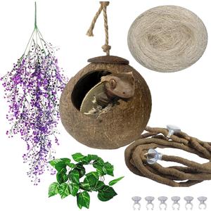 4 PCS Crested Gecko Coconut Hide Natural Lizard Coco Hut Reptile Hanging Nest Flexible Vine Habitat Decoration Bearded Dragon Terrarium Accessories for Tortoise Chameleon Snake Spider