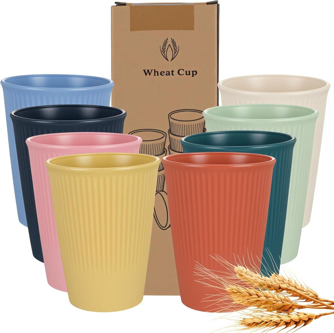 8 Pcs Wheat Straw Cups, Unbreakable Drinking Cup, BPA-Free Dishwasher Safe Water Glasses with 8 Colors for Drinking Water, Juice,Milk, Soda, Coffee,Easy to Clean & Reusable, 13.5 oz