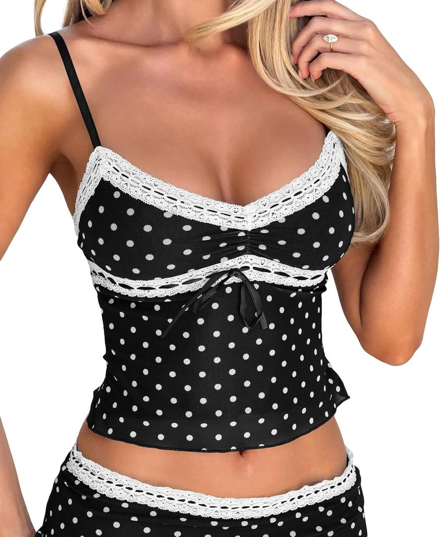Women Y2k Vintage Polka Dot Mesh Spaghetti Strap Crop Tank Tops Bow Tie Lace Patchwork V Neck Lingerie Cami Top (Large, Black)
