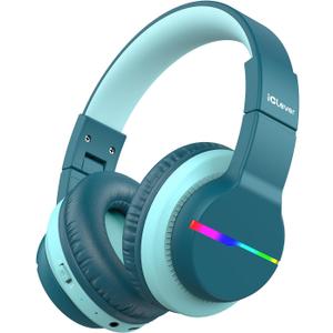 iClever BTH12 Kids Bluetooth Headphones,Colorful LED Lights Wireless Kids Headphones,74/85dBA Safe Volume,85H Playtime,Bluetooth 5.2,Over Ear Headphones Built-in Mic for iPad/Tablet/Airplane,Green