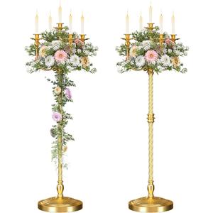 mopam 2 Pcs Floor Candelabra 50 Inch Gold Candelabra Centerpiece 5 Arms Floor Standing Candelabra Gold Candlestick Holder Antique Candle Holder Decorative for Party, Ceremony, Wedding (Line Styling)