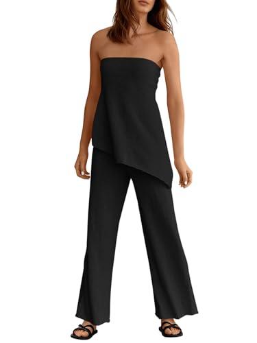 Tankaneo Womens 2 Piece Outfits Asymmetrical Tube Top Wide Leg Pants Knit Vacation Travel 2025 Matching Lounge Sets - Small