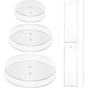 Acrylic Round Cake Discs Set 6.25, 8.25, 10.25 2 Circles Each Size, Comb Icing Scraper, Edge Smoother Cream Scraper