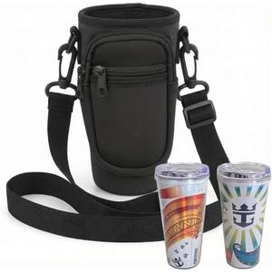 Cruise Cup Holder Sling with Pocket for RC Refillable Soda Cup Neoprene Carrier with Adjustable Strap, Phone & Card Holder Hands-Free for Royal Caribbean Cruises (Black)