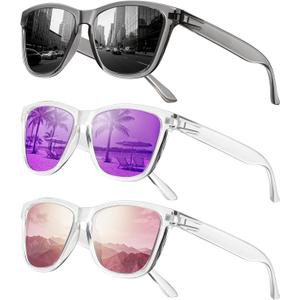 Sunglasses Womens Polarized Sunglasses for Men's Women's Retro Mirror Lens for Driving Fishing UV400 Protection (A1-clear Pink + Grey + Clear Purple)