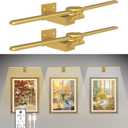 2 Pack Picture Light for Wall, 16in Rechargeable Art Light with Timer and Dimmable, Painting Frame with Remote Control Display for Painting, Frame, Portrait, Dartboard(Gold)