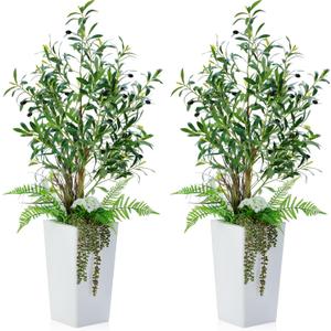 Giegxin 2 Pcs Artificial Olive Tree Combo 4ft Tall Faux Olive Trees with Tapered Planter & 5 Decorative Plants, UV Resistant Fake Floor Potted Plants for Indoor Outdoor Porch Home Office Decor (White)