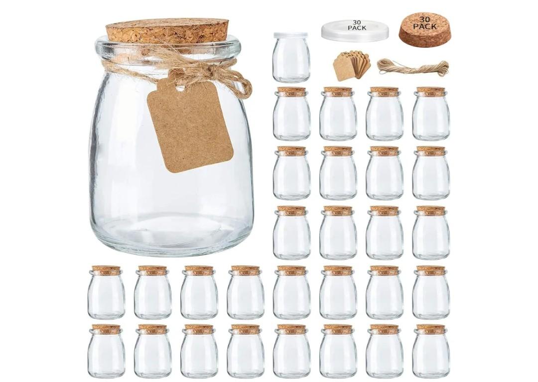 Brajttt Mini Yogurt Jars 30 Pack, 7 oz Glass Favor Jars with Cork Lids, Pudding Containers with Lids, Mason Jar Wedding Favors Honey Pot with Label Tags and String