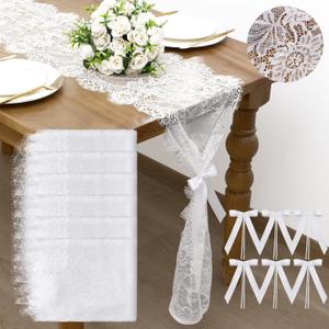 Rtteri 6 Pcs White Lace Table Runner 14 x 120 Inch with Long Tie Bow Flower Vintage Boho Lace Embroidered Table Runner for Wedding Party Bridal Shower Rustic Decor