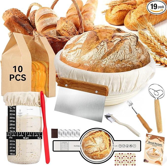 Sourdough Starter Kit,19PCS Banneton Bread Proofing Basket with Glass Sourdough Starter Jar, Sourdough Bread Baking Supplies, 9'' Round Bread Proofing Basket, for Bread Making Baking Fermentation