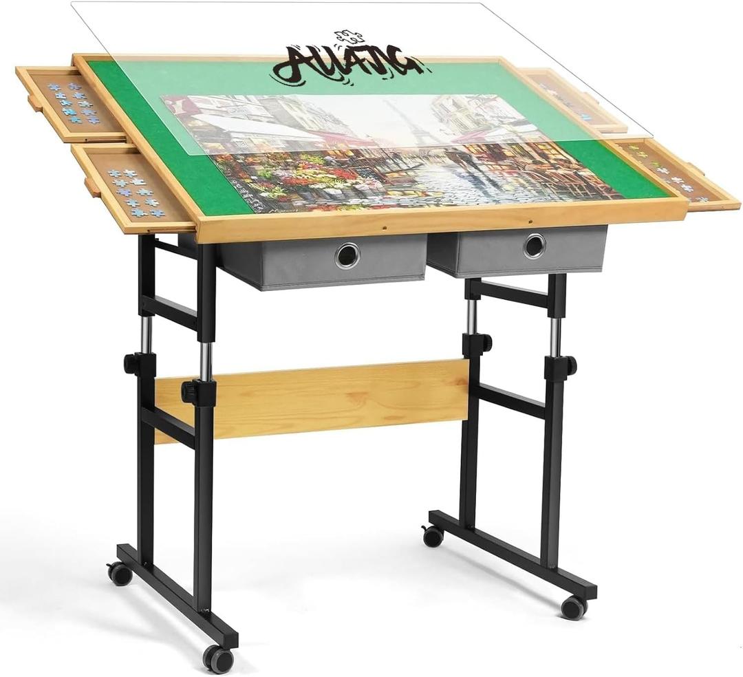 ALL4JIG 1500 Piece Adjustable Jigsaw Puzzle Table for Adults, 35.4"x26.4" Multi-Functional Puzzle Board with 4+2 Drawers & Protective Cover, 45-Degree Any-Angle Tilt for Work, Exercise & Leisure (Green)