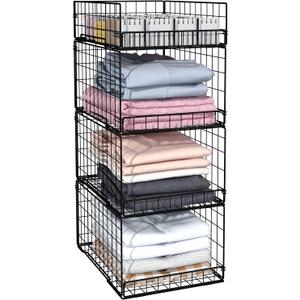 4 Pack Closet Organizers and Storage Shelves for Clothes, 4 Tier Stackable Closet Storage Basket Bin Container for Clothing Sweater Jean, Narrow, Foldable, Sturdy Metal System Organizer Shelf (Black)