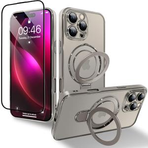 OOK Magnetic Case for iPhone 16 Pro Max [Compatible with MagSafe] Phone Case with Camera Lens Protector Kickstand Screen Protector Anti-Scratch Shockproof Cover for Women Men - Natural Titanium