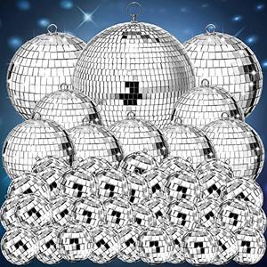 Funtery 100 Pcs Mirror Disco Balls Bulk Assorted Silver Hanging Disco Ball Decor for Home Wedding Birthday Dance Music 70 S Theme Party Christmas Tree Ornaments (0.8'',1.6'',2.4'',3.2'',4'',8'')