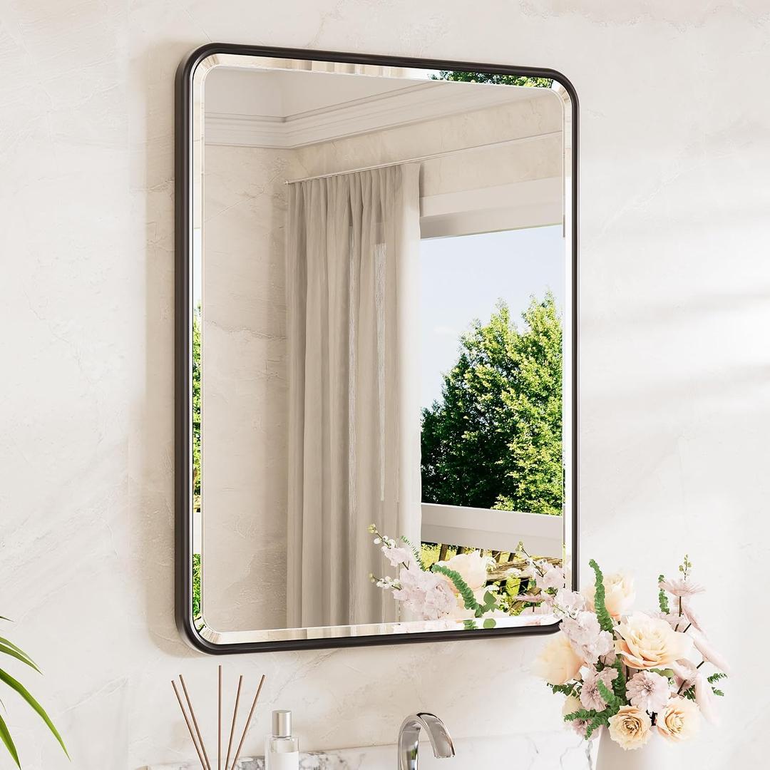TETOTE Black Mirror for Bathroom 22 x 30 Beveled Edge Tempered Glass, Rounded Corner Rectangle Bathroom Mirror for Over Sink for Modern Bathroom, Living Room, Bedroom, Entryway