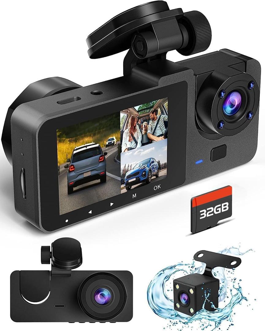Dash Cam Front and Rear Inside, 4K Full HD Triple Dash Camera for Cars, Car Camera with 32GB Card,Built-in Loop Recording,G-Sensor,24H Parking Monitor,WDR,Accident Lock (Black(X1))