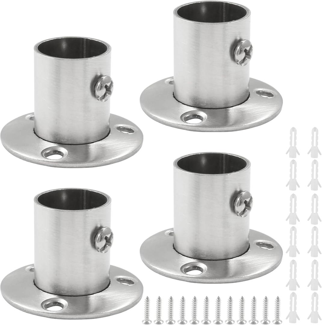 4 Packs 3/4 Inch Closet Rod Holders, Stainless Steel Closet Rod End Supports, Heavy Duty Curtain Pole Sockets Shower Flange Rod Holder, O-Shaped with Screws (Silver)
