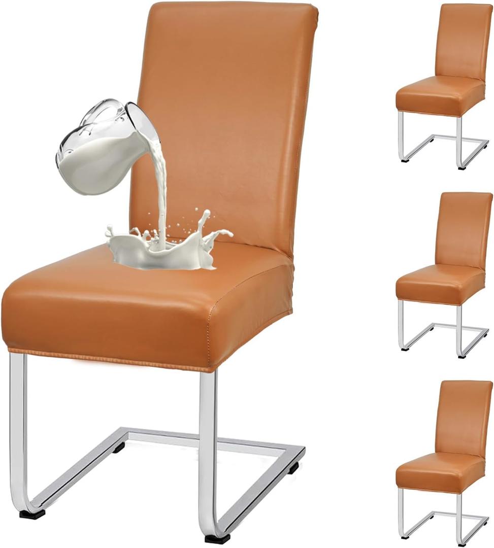PU Leather Dining Chair Covers Removable 100% Waterproof Chair Covers for Dining Chairs Set of 4, Stretchy & Soft High Back Kitchen Chairs Cover Protectors (Orange)
