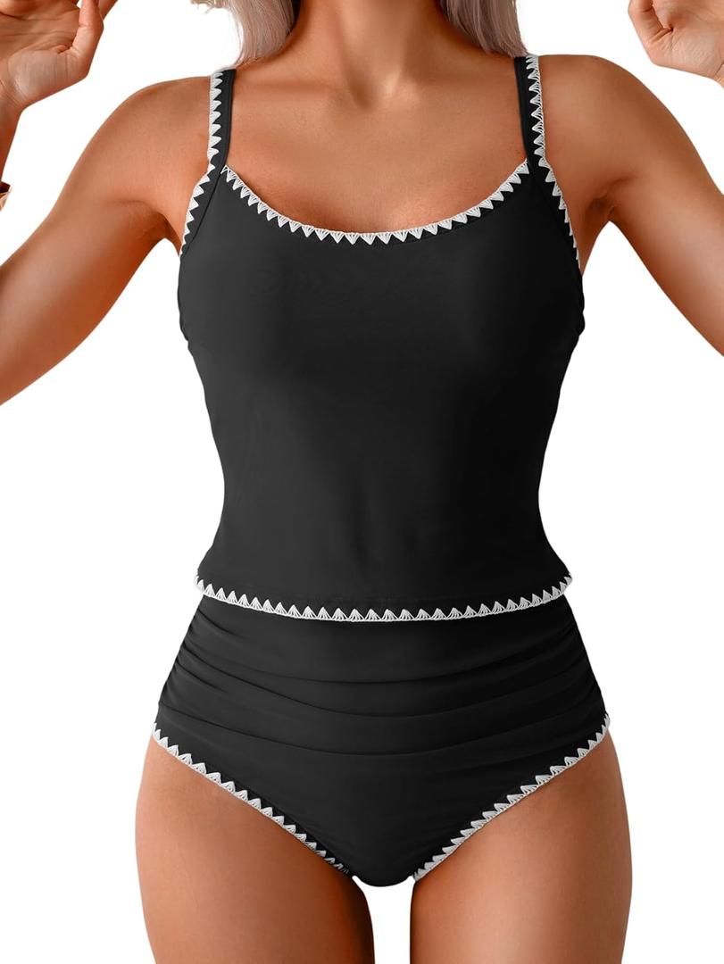 Eomenie Tankini Swimsuit for Women Tummy Control Ruched Two Piece Bathing Suits High Waisted Shell Stitch Swimwear (Small, Black)