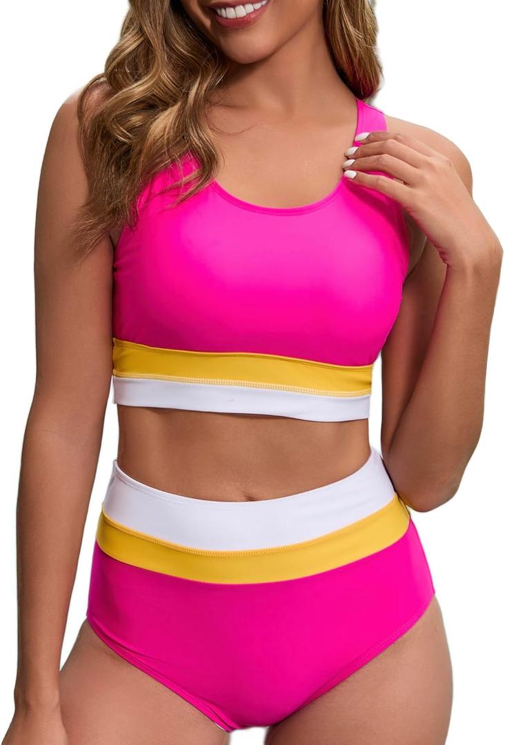 Women's High Waisted Bikini Sets Two Piece Swimsuit Color Block Sporty Athletic Moderate Coverage Bathing Suits (Large, Light Pink)
