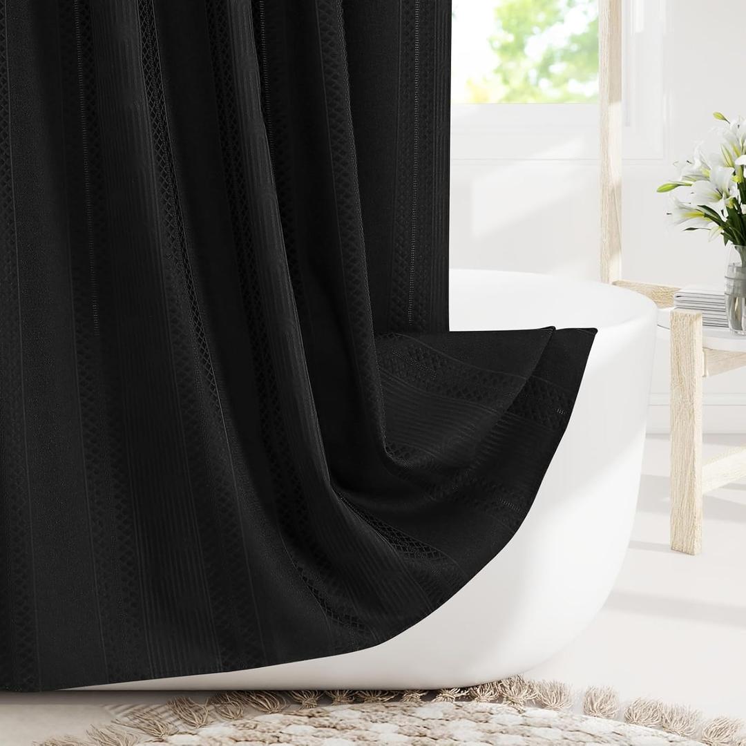 Black Boho Fabric Cloth Shower Curtain, Modern Farmhouse Shower Curtains for Chic Elegant Neutral Bathroom Decor, Bohemian Cute Shower Curtain with Shabby Geometric Texture, 72 x 72