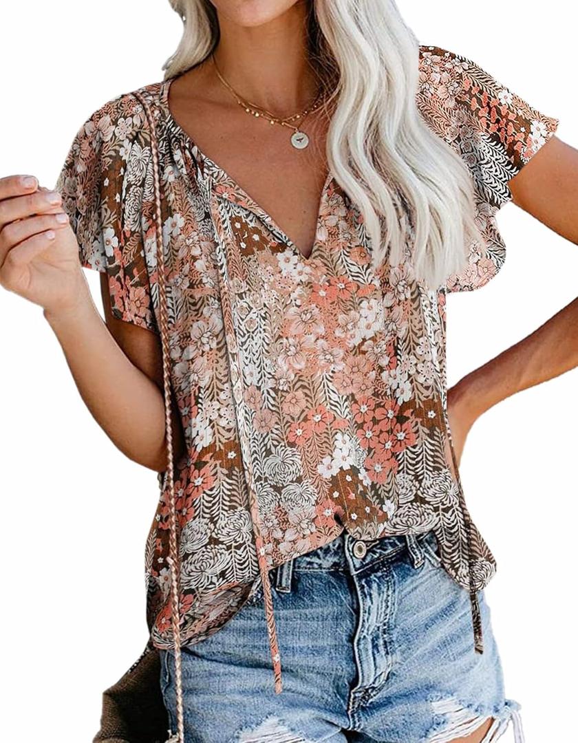 SimpleFun Women's Boho Tops Floral V Neck Short Sleeve Summer Blouse Shirts (Beige, S)