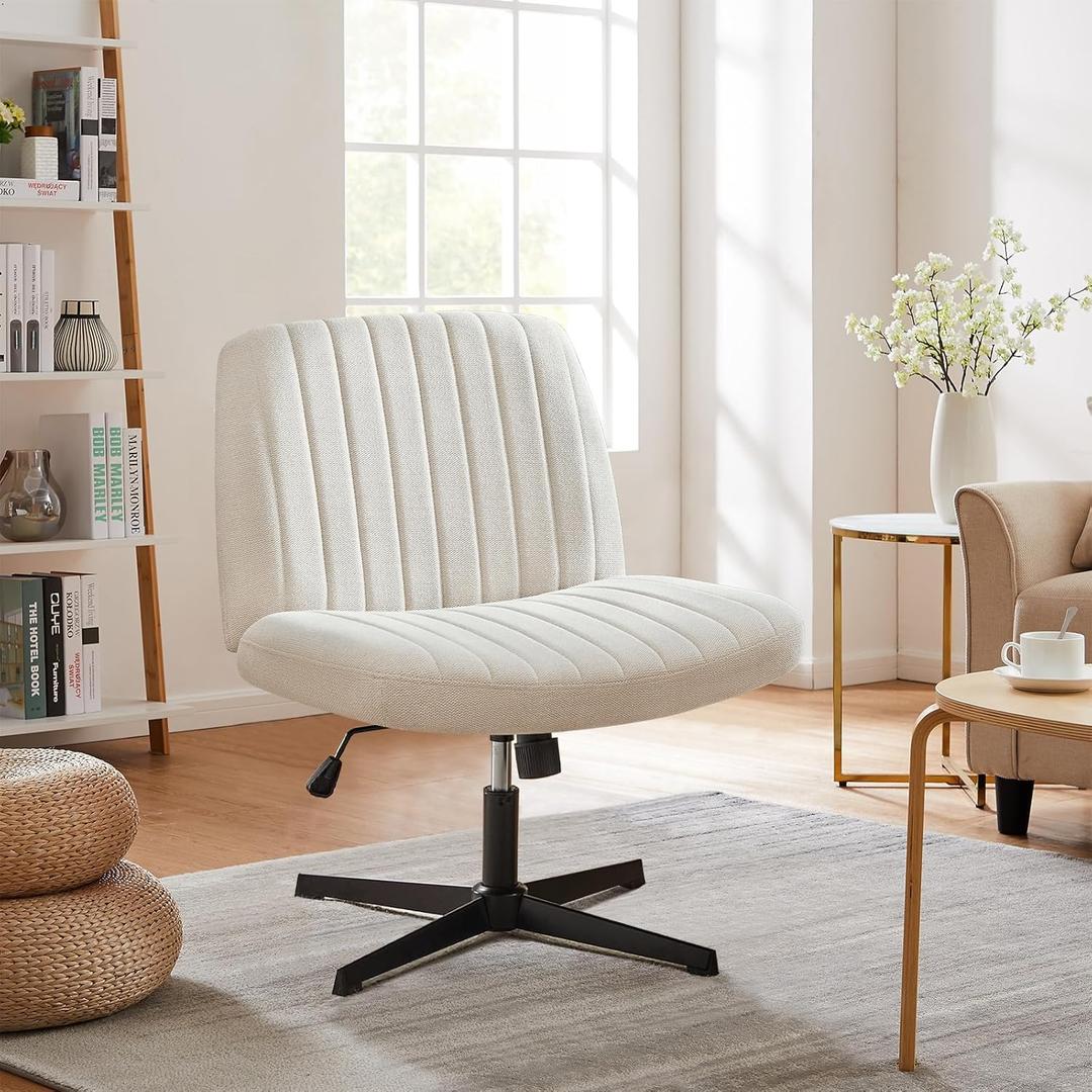 NEWBULIG Armless Office Chair,Criss Cross Legged and Wide Padded Seat,Adjustable Height and Backrest Angle,Rock Back and Forth,Swivel Vanity Chair for Bedroom,No Wheels,Light Beige