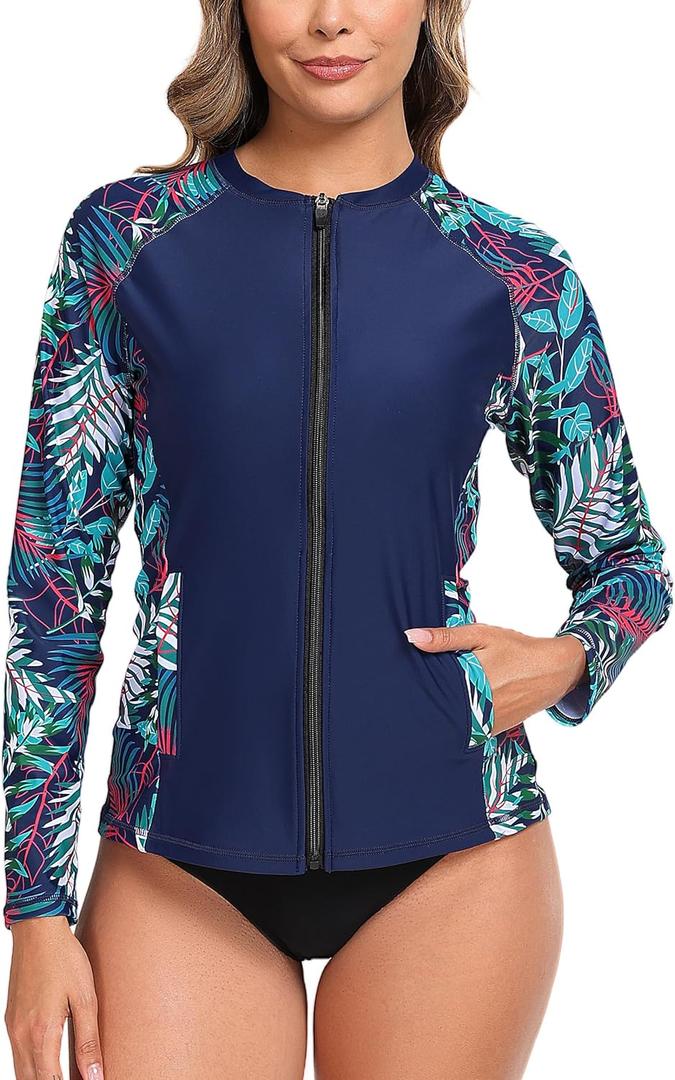 Halcurt Women's Full Zip Long Sleeve Rash Guard Swim Top with Pockets UPF50+ Quick Dry Swimsuit (XL)