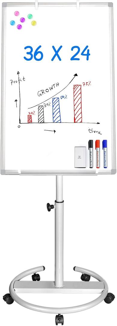 Mobile Whiteboard  36 x 24 inches Portable Magnetic Dry Erase Board, 3' x 2' Stand Easel White Board Dry Erase Easel Standing Board with Flipchart Hooks (Silver)