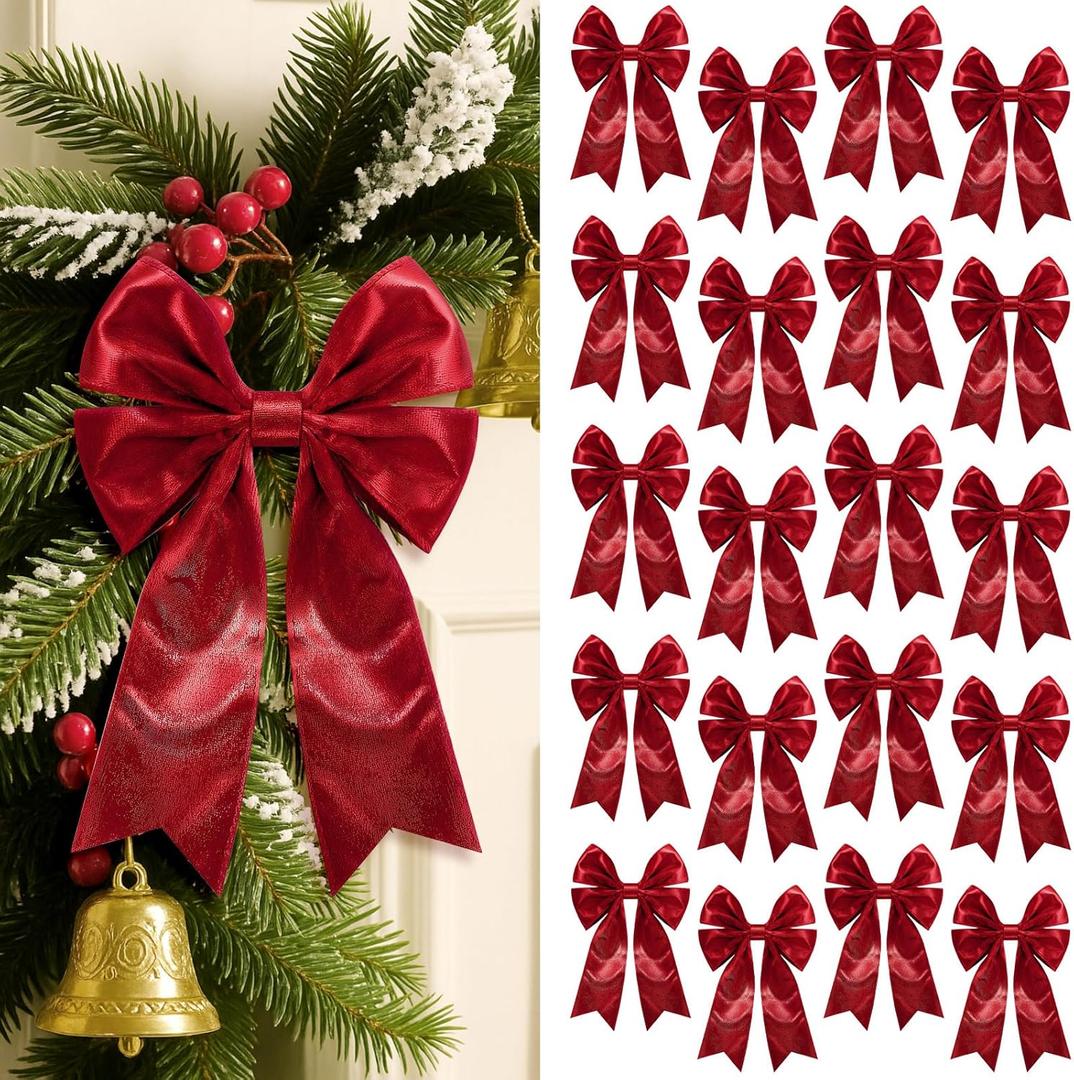 Glitinsel 20 Pcs Burgundy Velvet Bows for Christmas Tree 5 x 7 Inch Premade Christmas Red Bows with Twist Tie Xmas Bow Ornaments for Cabinet Wreath Gift Wrapping Home Door Window Party Decoration