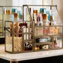 Luxury Glass Makeup Organizer Antique Bronze Metal Frame, Clear Vanity Countertop Storage Case for Cosmetics, Skincare, Perfume, Jewelry, Brush Holder & Drawers for Bathroom, Bedroom, Dressing Table