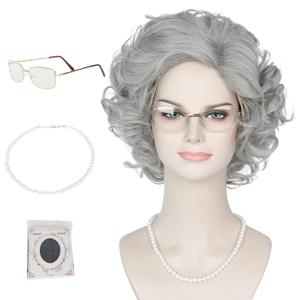 Yan Dream Short Curly Grey Old Lady Wig Old Women Grandma Wig with Granny Glasses Necklace for Cosplay Halloween
