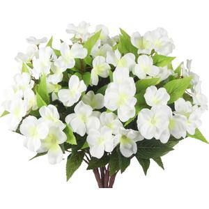 4 Pcs Artificial Impatiens Flowers for Outdoors Silk Impatiens Flowers Bouquet White Fake Plants UV Resistant Faux Impatiens for Outdoor Planters Spring Summer Porch Patio Window Balcony Garden