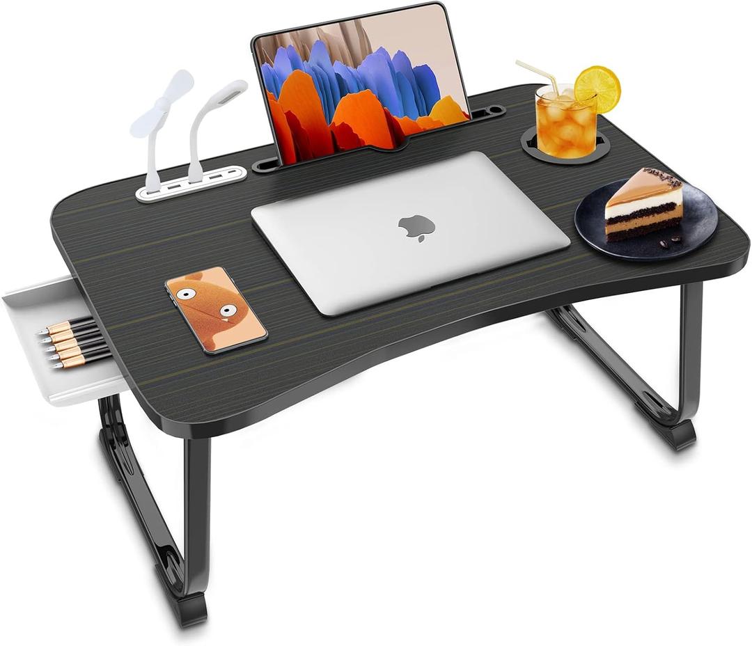 Fayquaze Laptop Bed Desk, Portable Foldable Laptop Bed Table with USB Charge Port Storage Drawer and Cup Holder, Lap Desk Notebook Stand Tray Table Serving Tray for Eating, Reading and Working (Black)