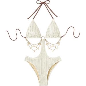 WDIRARA Women's Chain Linked Cut Out Halter One Piece Swimsuit, Small