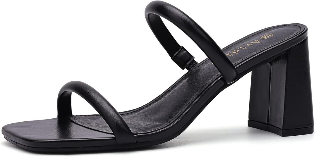 Women's Square Open Toe Heeled Sandals Two Strap Mules Slip On Block Chunky Mid Heels Sandals (9, Black)