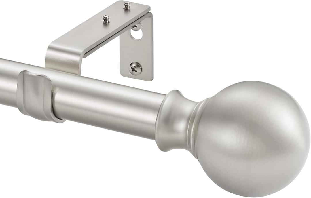 Window Curtain Rods 72 to 144 Inches, 1 Inch Diameter Adjustable Drapery Rod, Decorative Heavy Duty Curtains Rod with Fancy Round Finials for Living Room, Bedroom, Patio, Brushed Nickel