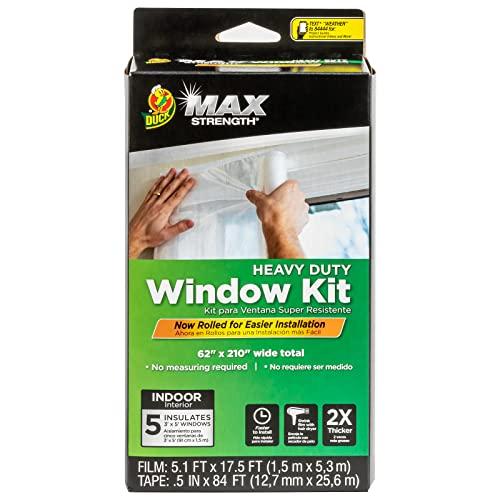 Duck MAX Strength Window Insulation Kit, Winter Window Seal Kit Fits up to 5 Windows, Heavy Duty Shrink Film Cuts to Size for Easy Indoor Installation, Window Tape Included,62 In. x 210 In., Clear, 1 piece
