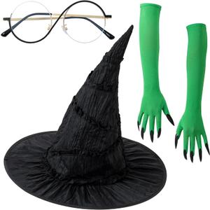 3 Pcs Witch Costume for Women Halloween Cosplay Costume Set with Witch Hat Green Claw Gloves and Glasses (Black)