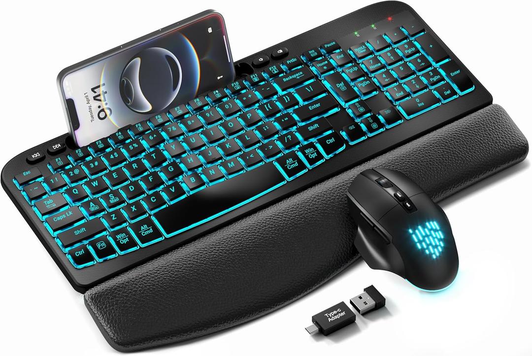 SABLUTE MA22 Pro Wireless Keyboard and Mouse Combo - Ergonomic Wave Keyboard with Soft Leather Wrist Rest, Phone Holder, Rechargeable, RGB Backlit Mouse, Full-Size Set for Windows/Mac/Computer (Black)
