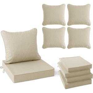 Summsun Patio Chair Cushions Set of 4, Faux Linen Outdoor Furniture Cushions, Water Resistant Backrest and Deep Seat Cushion Set with Straps, Removable Cover, Non-Slip Bottom, 22 x 22 Inch, Beige, 4P/22*22 + 22*20 Inch