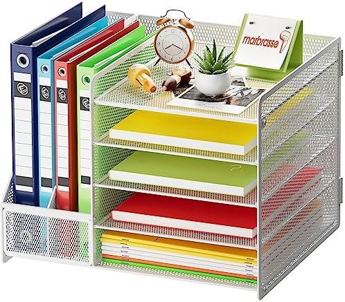 Marbrasse Desk Organizer with File Holder, 5-Tier Paper Letter Tray, Mesh Desk Organizers and Accessories with Magazine Holder, Desktop Organizer and Storage for Office Supplies (White)