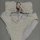 Blooming Jelly Womens Bandeau Bikini Sets Sexy Strapless Two Piece Swimsuit Cheeky High Cut Cute Textured Ladies Bathing Suit (Small, Beige)